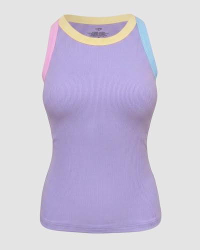 Image of CHICME Womens Sleeveless Ribbed Built in Bra Tank Tops | Color-Block, Crewneck Padded Racerback Shirts, Slim Fit, High Stretch Fabric, Casual Basic Tank for Going Out & Layering