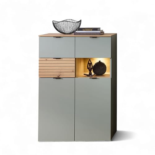 Stella Trading INA Highboard in Schilfgrün, Artisan Eiche Optik FSC-Zertifiziert - Moderner Wohnzimmerschrank mit Schubladen und LED-Beleuchtung - 84 x 125 x 45 cm (B/H/T)