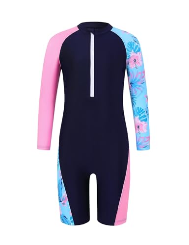 Image of Girls One Piece Rash Guard Swimsuit Long Sleeve Swimsuits with Zipper Patchwork Beach Bathing Suit for Kids 4-13 Years