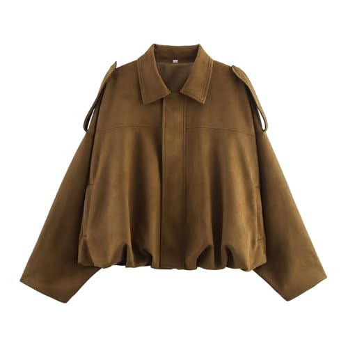 Xunger Chaqueta bomber de ante sintético para mujer, abrigo de piloto con solapa de primavera, casual, de gran tamaño, manga larga, ropa de calle de moda, 01 bolsillo marrón, S