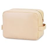 Wandering Nature Large Makeup Bag Travel Cosmetic Bag Organizer Toiletry Bags for Women with Handle and Slip-in Pockets Eco Vegan Leather, Beige