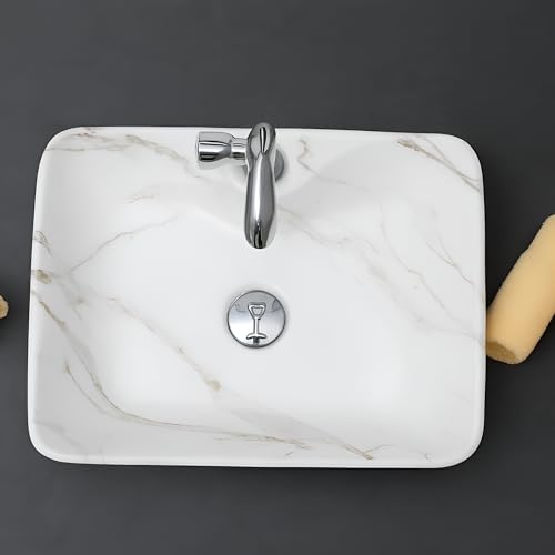Image of Premium White Ceramic Table Top Wash Basin, Modern Countertop Vanity Sink for Bathroom, Hotel & Residential Washrooms, 19 x 14 x 5 Inch