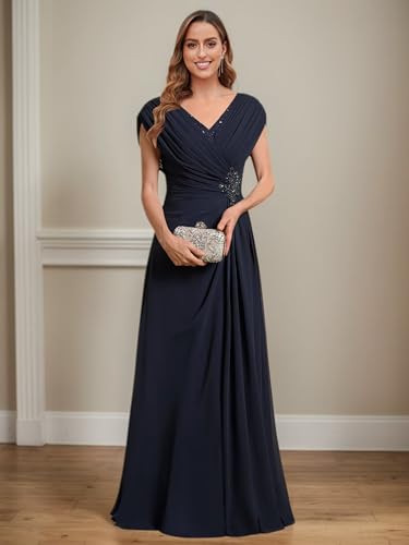 Cap Sleeves Mother of The Bride Dresses for Women Chiffon Beaded Long Ruched A Line Formal Dresses2