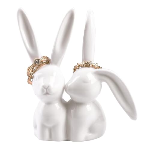 Ockyunoo Cerámica Conejito Porta Anillos de Boda, Porta Anillos Conejo, Conejo de Cerámica Blanca, Conejo de Porcelana Teñida de Blanco, Figurita Decorativa Conejos, para Decorar Mesas de Comedor