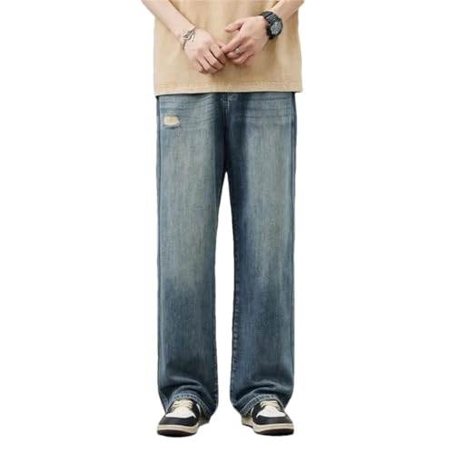 Men Ripped Jeans Straight Korean Trousers Casual Loose Wide Breathable Denim Jeans Blue 34