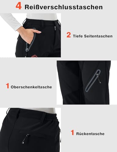 donhobo Damen Winter Wanderhose Wasserdicht Softshellhose Outdoorhose Winddicht Warm Gefüttert Skihose Trekkinghose Snowboardhose Funktionshose (Rein Schwarz, M)