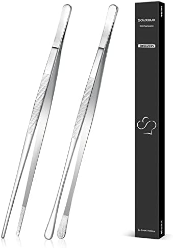 2 Pcs 30.5CM Cooking Tweezers Tongs Precision Serrated Tips, Stainless Steel Professional Chef Tweezer Kitchen Tools for BBQ, Plating and Serving (Silver)