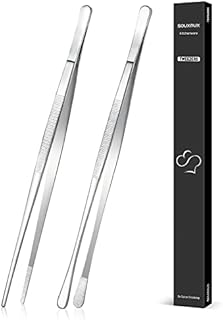 2 Pcs 30.5CM Cooking Tweezers Tongs Precision Serrated Tips, Stainless Steel Professional Chef Tweezer Kitchen Tools for BBQ, Plating and Serving (Silver)