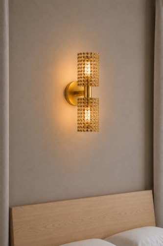 Image of Antique Modern Double Golden Brass Wall Light with Golden Crystal Acrylic Glass Shade Hanging Sconce Lamps Minimalist Design for Bedroom Living Room Bathroom Bedside Vanity Hall Home Decor Hotel Bar