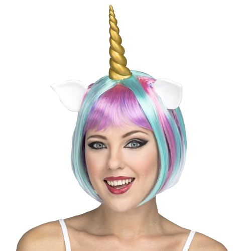 My Other Me - Peluca Unicornio con cuerno para mujer adulto azul y rosa peso 160 g. Un accesorio divertido para brillar en una fiesta de fantasía