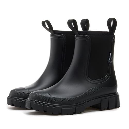 SmoothPace Gummistiefel Damen Gefüttert Wasserdicht Gummistiefeletten Halbhohe Chelsea Boots Rutschsicher Abriebfest Atmungsaktiv Regenschuhe Komfort Garten Stiefeletten Black 38EU