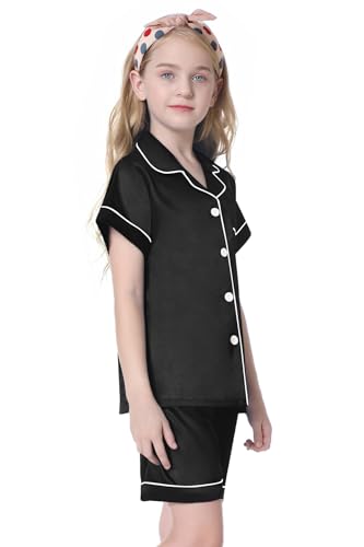Umeyda Kids Pajamas Set, Satin Soft Silk Like Button Front Shirt Tops + Pull On Shorts Loungewear 2 Pcs Sleepwear Pjs Set for Girls, Dark Black, 5-6 Years = Tag 130 - Thumbnail 4