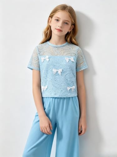 Image of Girls Clothes 2 Piece Short Sleeve Lace Bow Print Tops Flared Pants Set Little Girl Outfits Size 7-14