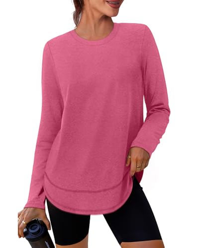 Workout Tops for Women Long Sleeve Uv Sun Protection UPF Clothing Rash Guard Moisture Wicking Pilates Outfits Tunics to Wear with Leggings Fall Winter Pink 2026 L