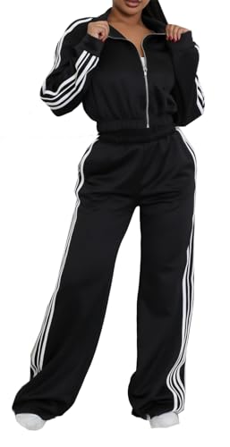 Women's Sexy 2 PCS Zipper Stripes Pathwork Jackets Bodycon Wide Leg Pants Cocktail Party Outfits Tracksuit Set