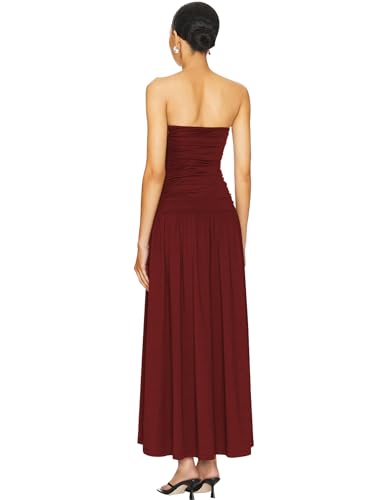 Women's Summer Strapless Ruched High Waist Long Floral Dress Off Shoulder Backless Beach Long Dress3