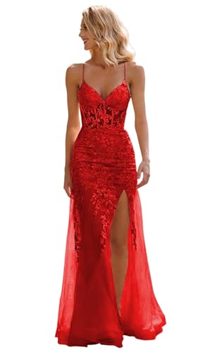 Koendye Women's V-Neck Mermaid Tulle Prom Dress Long Ruched Sparkly Lace Applique Formal Gown...