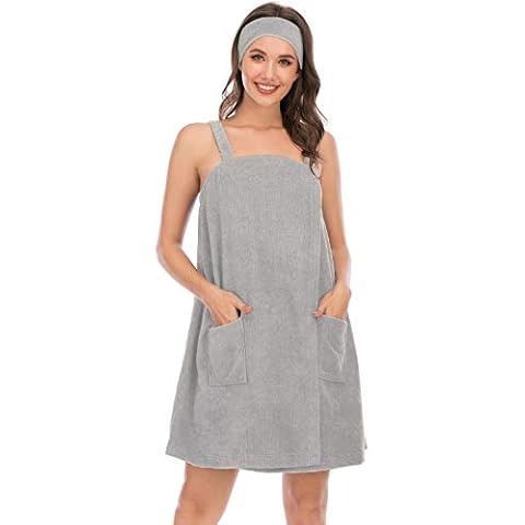 Veseacky Women Bath Wrap Towel for Shower with Pocket Adjustable Robe & Facial Headband S-XL - grey - Small Cover