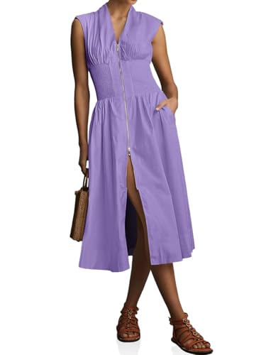 Image of Wenrine Womens Smocked Midi Dress Zipper V Neck Long Summer Dresses | zip front, empire waist, cap sleeve, flowy, a line, high slit, casual midi dress