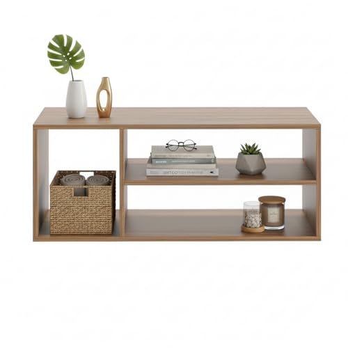 Image of FURNEASER Medina Modern Engineered Wood Coffee Table with Open Storage Shelves | Wooden Center Table for Living Room, Sofa Area & Lounge | Multipurpose Tea Table with Storage (Exotic Teak)
