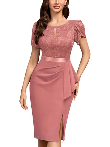Image of Miusol Women's Elegant Scoop Neck Puff Sleeve Floral Lace Ruffle Style Cocktail Party Dress