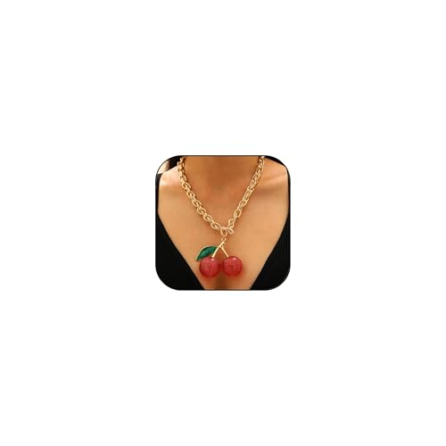 Large Cherry Pendant Necklace for Women Gold Chunky Rope Chain Statement Fruit Jewelry