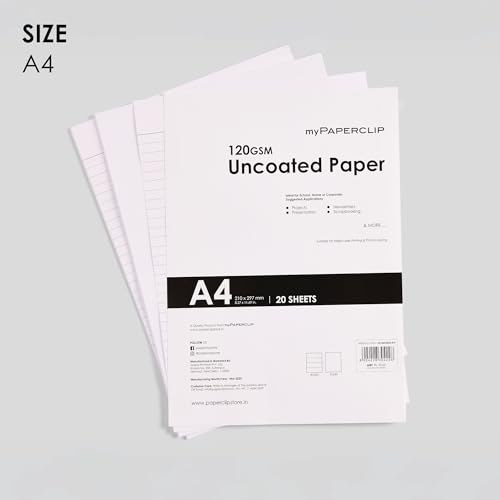 Image of myPAPERCLIP A4 Size Single Side Ruled Sheets | 20 Sheets, 120 GSM, Uncoated Paper | Ideal for Project, Assignment, Practical, Notes