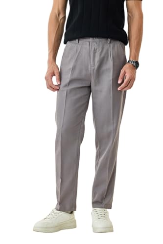 Image of SNITCH Men Casual Wear Chinos | Baggy Fit Wide-Leg Solid Trousers | Stretchable Cotton Blend Pants for Summer Outings