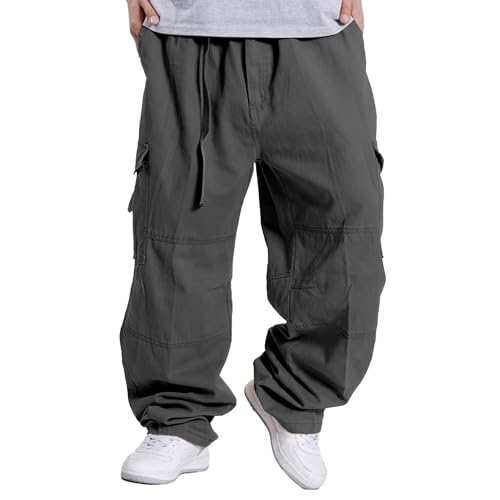 Men's Baggy Cargo Pants Cotton Elastic Waist Cargo Pants Twill Wide Leg Casual Loose Fit Trousers with Pocket