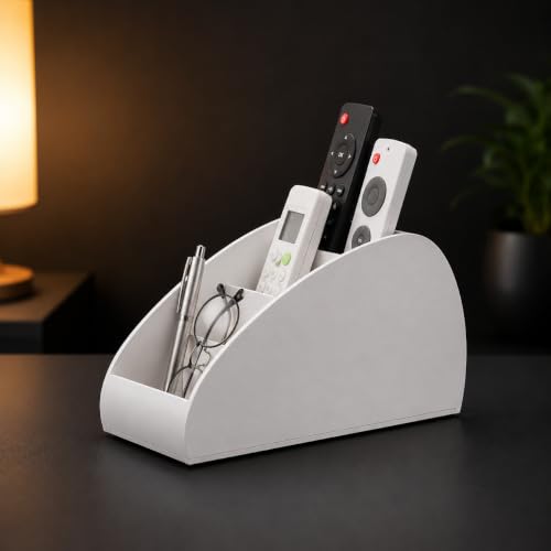 Image of Gaura Labs Remote Control Holder, Durable Storage Caddy for TV /AC Remotes, Reading Glasses & Office Supplies, Space-Saving Organizer for Nightstand, Office Desk, Living Room (White)