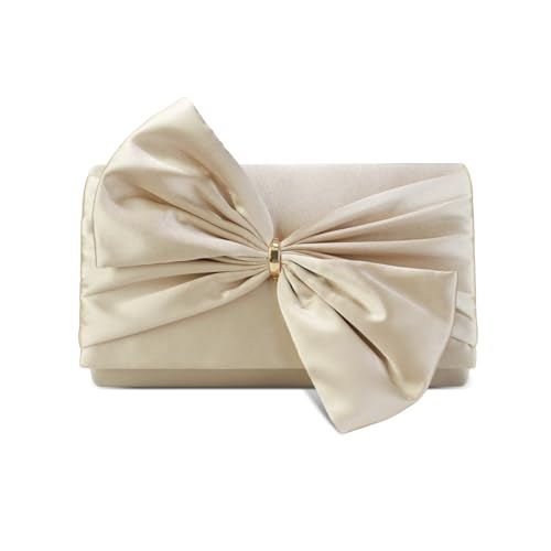 HuiYStar Bolso de noche con lazo de satén para mujer, elegante bolso de mano con solapa y cadena para ocasiones formales, bodas, bailes, fiestas, champán