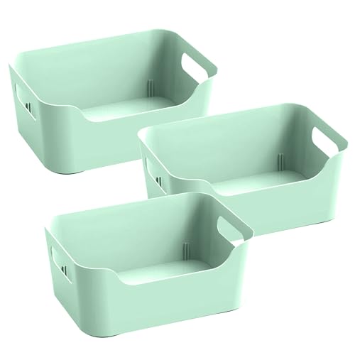Image of KOLORR Jolly Plastic Small Baskets with Handle for Storage Box| Multipurpose Light Weight Plastic Baskets organiser for Make-up Stationary Cosmetics Kitchen Livingroom Bathroom | Pack of 3 - Mint