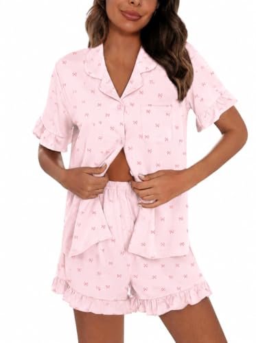Image of SWOMOG Woman Pajama Set Short Sleeve Pjs Set 2Pcs Short Pajamas Button Down Ruffle Hem Sleepwear Soft Modal Loungewear
