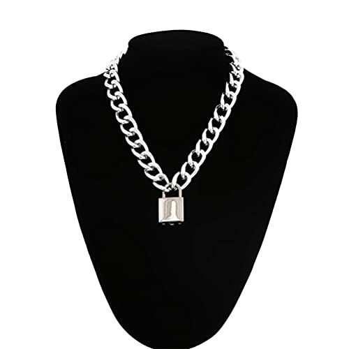 TIANTIAN Collier avec pendentif cadenas en alliage - Style punk hip-hop - Chaîne épaisse pour homme et femme - Argent Cover