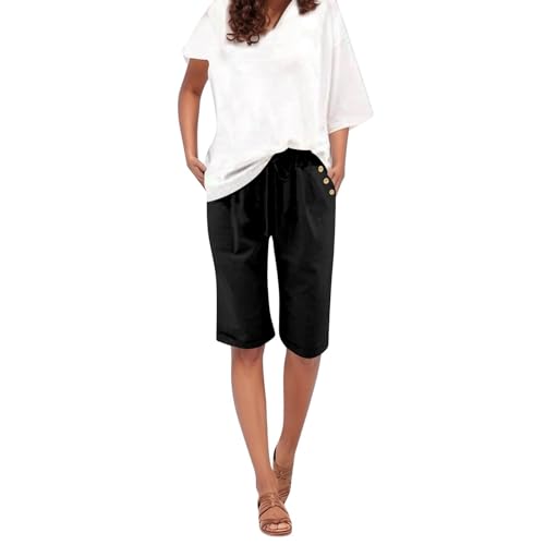 Bermuda Shorts for Women Knee Length Plus Size High Waist Short Pants Casual Drawstring Summer Shorts with Pockets(Black,X-Large)