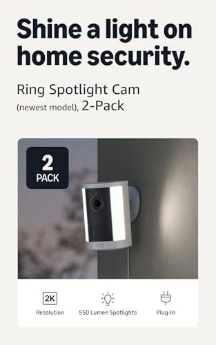 Image of Ring Spotlight Cam, Plug-In (newest model), Home or business security, Wide-Angle Retinal 2K Video, 6x Enhanced Zoom, Motion-Activated Spotlights, 2-Pack, White
