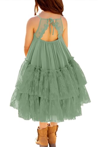 MITILLY Girls Boho Lace Backless Square Neck Sleeveless A Line Ruffle Tiered Flowy Long Party Dress 6-7 Years Light Green