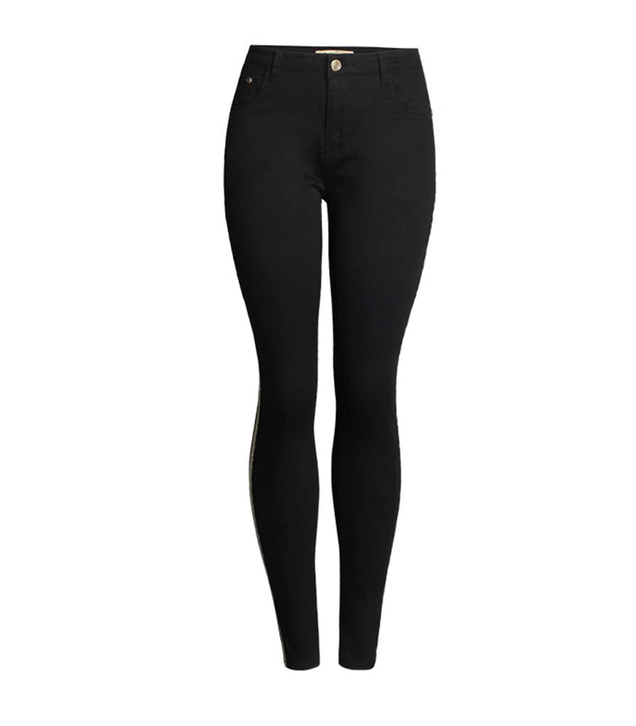 Jeans moulants taille haute pour femme style boyfriend avec coutures pour printemps et été Noir, Noir , M