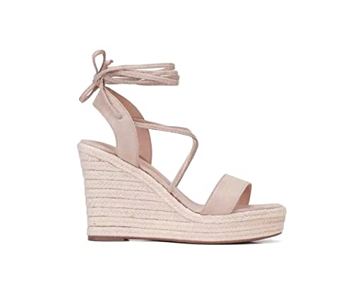 Sumojiu Women's Wedge Platform Espadrille Open Toe Lace-Up Sandals, Cross Strap Wedge Sandals Summer Espadrilles Ankle Strap Buckle Platform Sandals Beige 7 #TOP3