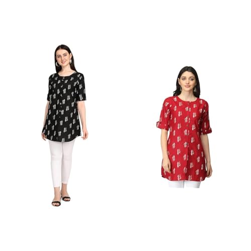 Image of Leriya Fashion Rayon Fabric Printed Round Neck Short Kurtis for Women Top Dresses Kurti for Girls & Ladies Kurtis (Pack of 2)