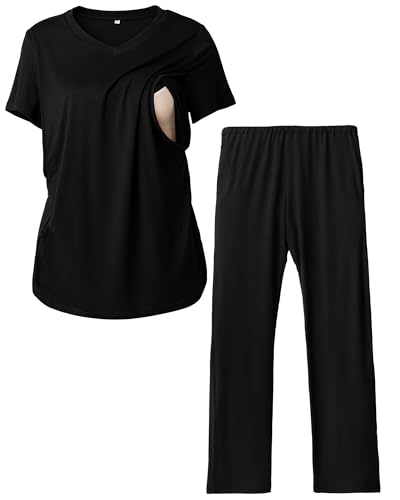 Image of Rnxrbb V Neck Nursing Pajamas Set Postpartum Pjs Maternity Breastfeeding sleepwear for Women with Pockets 2 Pack