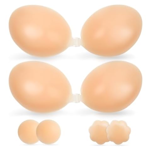 candyfouse Sticky Bra 2 Pairs, Adhesive Strapless Sticky Bra, Reusable Push up Bra, Invisible Silicone Bra with Nipple Covers Nude Cover
