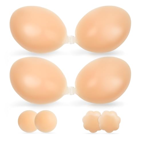 2 Pairs Strapless Sticky Adhesive Bra, Invisible Push up Reusable Silicone Brassiere with Nipple Covers Nude