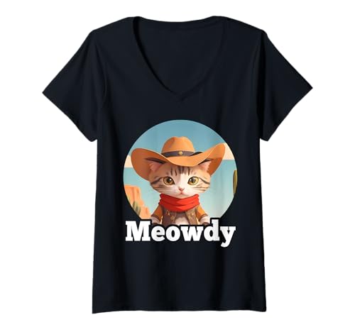 Donna Meowdy Divertente Mashup Tra Meow e Howdy Cat Lover Meme Maglietta con Collo a V