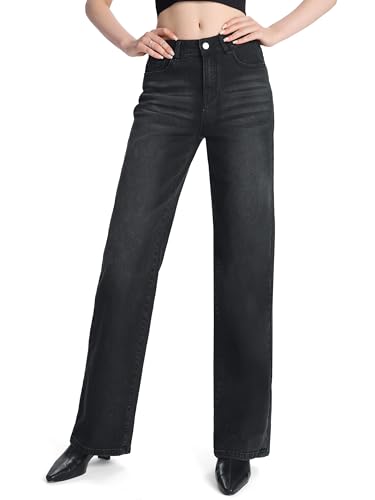 Sevego Extra Lang Damen Jeans 81/86/91 cm High Waist Straight Jeans Stretch Baggy Jeans Weites Bein Casual Loose Denim Hose, 34', Schwarz, L