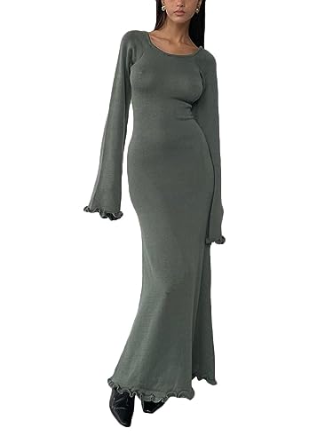 shownicer Damen Strickkleid Wickelkleid Pulloverkleid Rückenfreies Langarm Bodycon Lang Maxikleid Winterkleid Herbst Winter Eng Strick Warm Etuikleid...