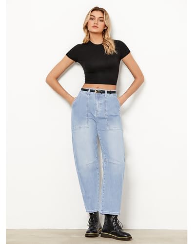 GRAPENT Barrel Jeans for Women High Waisted Trendy Wide Leg Baggy Ankle Length Stretchy Denim Trouser Jeans with Pockets4