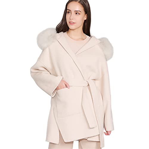 Women Fox Fur Collar Wool Coat Casual Winter Wool Jacket Woolen Overcoat Cashmere Coat Black Fur Pocket M #TOP2