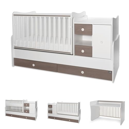 Lorelli Babybett, Jugendbett 3 in 1 Mini Max umbaubar, für 2 Kinder gleichzeitig braun weiß