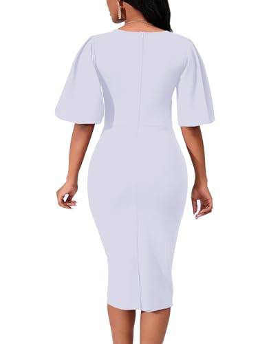Image of WanMem Womens Basic Bodycon Ruffle Flared Short Sleeve Pencil Midi Dress